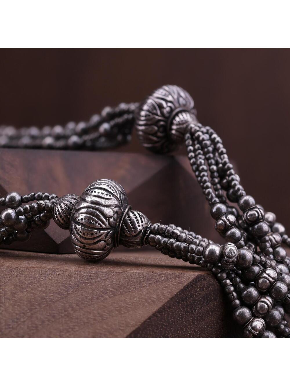 Vintage Karen Hill Tribe Handmade 950 Fine Silver Bead Multi-Strand 24" Necklace